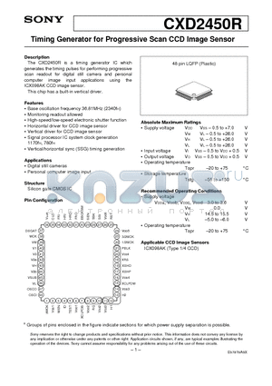 CXD2450R datasheet - Timing Generator for Progressive Scan CCD Image Sensor