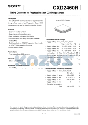 CXD2460R datasheet - Timing Generator for Progressive Scan CCD Image Sensor