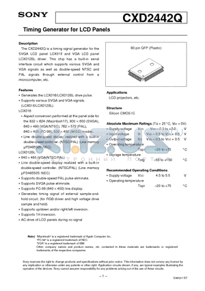 CXD2442Q datasheet - Timing Generator for LCD Panels