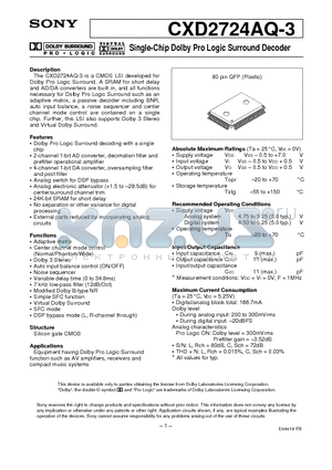 CXD2724AQ-3 datasheet - Single-Chip Dolby Pro Logic Surround Decoder