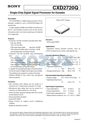 CXD2720Q datasheet - Single-Chip Digital Signal Processor for Karaoke
