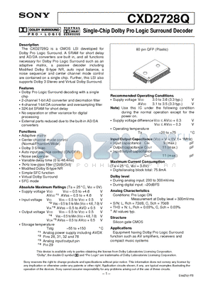 CXD2728Q datasheet - Single-Chip Dolby Pro Logic Surround Decoder