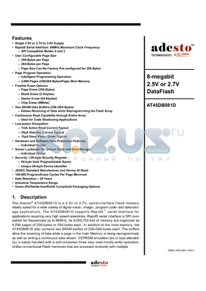 AT45DB081D-SU-SL954 datasheet - 8-megabit 2.5V or 2.7V DataFlash