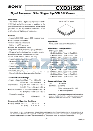 CXD3152R datasheet - Signal Processor LSI for Single-chip CCD B/W Camera