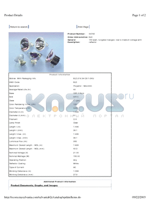 54745 datasheet - 150 watt, tungsten halogen, low to medium voltage with reflector