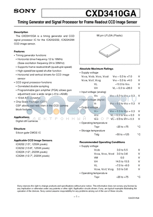 CXD3410 datasheet - Timing Generator and Signal Processor for Frame Readout CCD Image Sensor