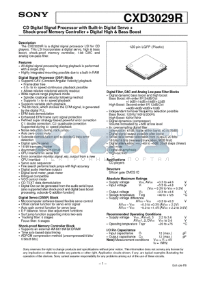 CXD3029R datasheet - CD Digital Signal Processor with Built-in Digital Servo  Shock-proof Memory Controller  Digital High & Bass Boost