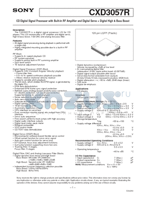 CXD3057R datasheet - CD Digital Signal Processor with Built - in RF Amplifier and Digital Servo, Digital High - Bass Boost