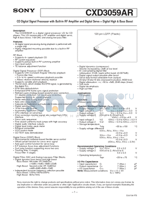 CXD3059AR datasheet - CD Digital Signal Processor with Built-in RF Amplifier and Digital Servo  Digital High & Bass Boost