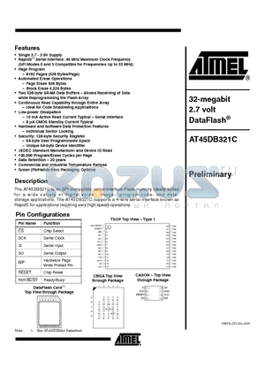 AT45DB321C-CNU datasheet - 32 MEGABIT 2.7 VOLT DATAFLASH
