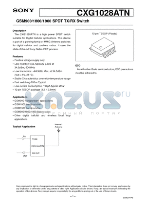 CXG1017N datasheet - GSM900/1800/1900 SPDT TX/RX Switch