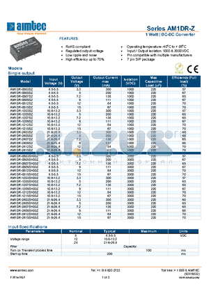 AM1DR-2409SZ datasheet - 1 Watt | DC-DC Converter