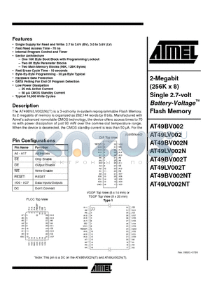 AT49BV002NT datasheet - 2-Megabit (256K x 8) Single 2.7-volt Battery-Voltage Flash Memory