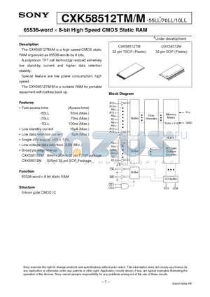 CXK58512M-55LL datasheet - 65536-word X 8-bit High Speed CMOS Static RAM