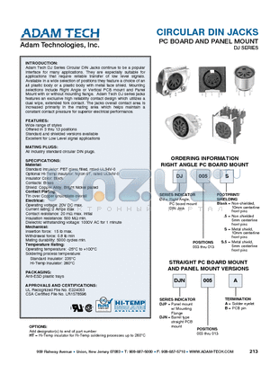 DJ003S datasheet - CIRCULAR DIN JACKS PC BOARD AND PANEL MOUNT