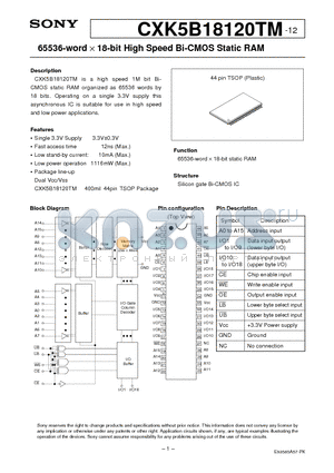 CXK5B18120TM-12 datasheet - 65536-word x 18-bit High Speed Bi-CMOS Static RAM