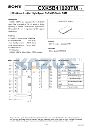 CXK5B41020TM-12 datasheet - 262144-word x 4-bit High Speed Bi-CMOS Static RAM