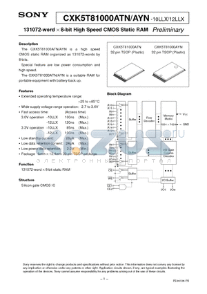 CXK5T81000AYN-12LLX datasheet - 131072-word X 8-bit High Speed CMOS Static RAM