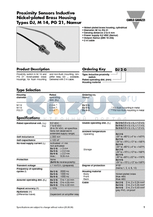 DJ5G datasheet - Proximity Sensors Inductive Nickel-plated Brass Housing