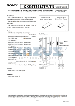 CXK5T8512TM datasheet - 65536-word X 8-bit High Speed CMOS Static RAM