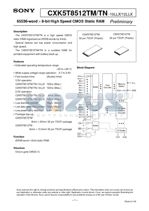 CXK5T8512TM-10LLX datasheet - 65536-word X 8-bit High Speed CMOS Static RAM