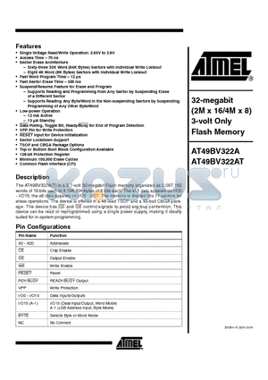 AT49BV322A-70CI datasheet - 32-megabit (2M x 16/4M x 8) 3-volt Only Flash Memory