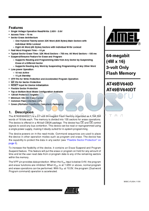 AT49BV640DT-70CU datasheet - 64-megabit (4M x 16) 3-volt Only Flash Memory