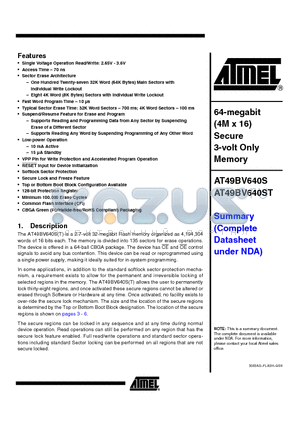 AT49BV640ST datasheet - 64-megabit (4M x 16) Secure 3-volt Only Memory