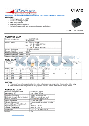 CAT122AC24VDC.45 datasheet - Switching capacity up to 20A Small size and light weight