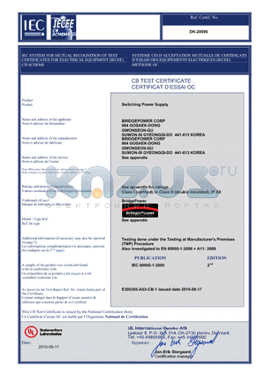DK-20096 datasheet - IEC SYSTEM FOR MUTUAL RECOGNITION OF TEST CERTIFICATES FOR ELECTRICAL EQUIPMENT (IECEE) CB SCHEME