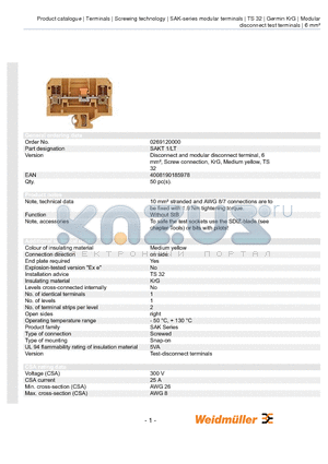 0269120000 datasheet - Disconnect and modular disconnect terminal, 6 mmb, Screw connection, KrG, Medium yellow, TS 32