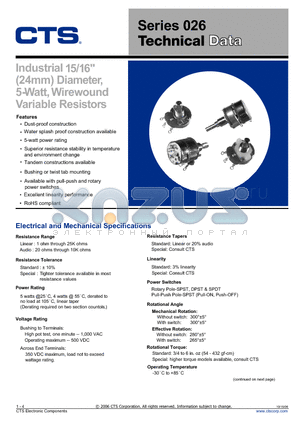 026T124R102C2D datasheet - Industrial 15/16 inch (24mm) Diameter, 5-Watt, Wirewound Variable Resistors