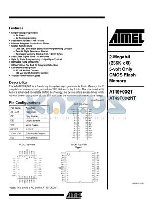 AT49F002NT-55JC datasheet - 2-Megabit 256K x 8 5-volt Only CMOS Flash Memory