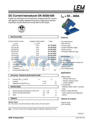 DK300-B420 datasheet - DC Current transducer DK-B020/420