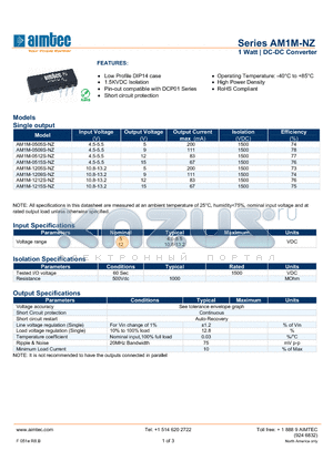 AM1M-1212S-NZ datasheet - 1 Watt | DC-DC Converter