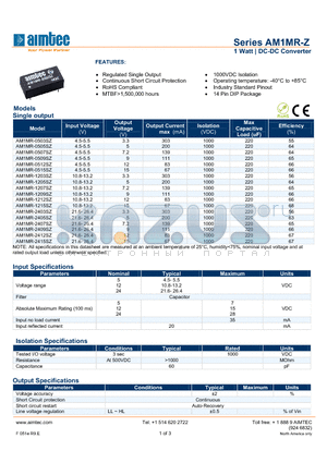 AM1MR-1212SZ datasheet - 1 Watt | DC-DC Converter