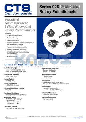 026TB32R500B1A1 datasheet - Series 026 Data Sheet Rotary Potentiometer