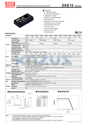 DKE10A-15 datasheet - 10W DC-DC Regulated Dual Output Converter