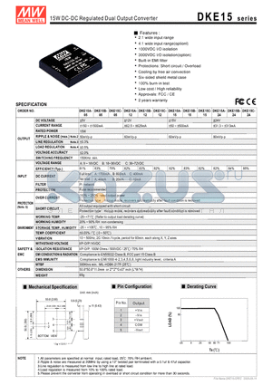 DKE15A-05 datasheet - 15W DC-DC Regulated Dual Output Converter