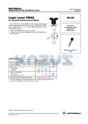 BS108 datasheet - 200 VOLTS N-CHANNEL TMOS POWER FET LOGIC LEVEL