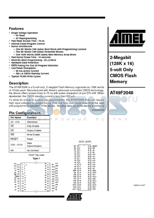 AT49F2048 datasheet - 2-Megabit 128K x 16 5-volt Only CMOS Flash Memory