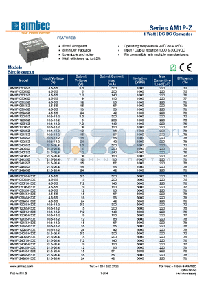 AM1P-121818DZ datasheet - 1 Watt | DC-DC Converter