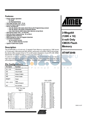 AT49F2048-12TC datasheet - 2-Megabit 128K x 16 5-volt Only CMOS Flash Memory