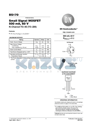 BS170G datasheet - Small Signal MOSFET Small Signal MOSFET Small Signal MOSFET