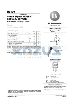 BS170G datasheet - Small Signal MOSFET 500 mA, 60 Volts N−Channel TO−92 (TO−226)