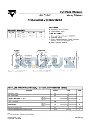 BS170KL datasheet - N-Channel 60-V (D-S) MOSFET