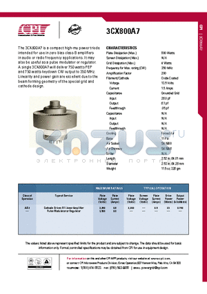 3CX800A7 datasheet - Cathode Driven RF Linear Amplifier Pulse Modulator or Regulator