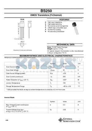 BS250 datasheet - DMOS Transistors (P-Channel)
