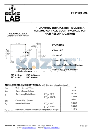 BS250CSM4 datasheet - P-CHANNEL ENHANCEMENT MODE IN A CERAMIC SURFACE MOUNT PACKAGE FOR HIGH REL APPLICATIONS