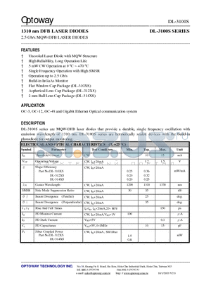 DL-3100 datasheet - 1310 nm DFB LASER DIODES 2.5 Gb/s MQW-DFB LASER DIODES